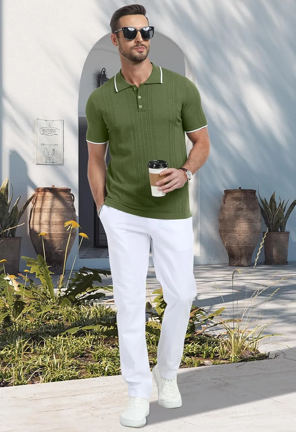 KUYIGO Men's Knit Polo Shirts Short Sleeve Button Collared Shirt Hollow Out Fashion Casual Spring Tops