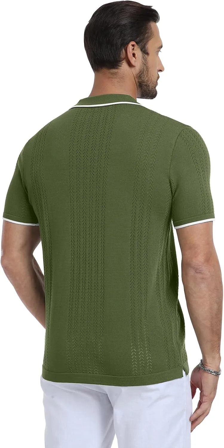 KUYIGO Men's Knit Polo Shirts Short Sleeve Button Collared Shirt Hollow Out Fashion Casual Spring Tops