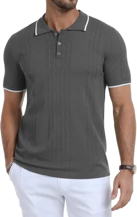 KUYIGO Men's Knit Polo Shirts Short Sleeve Button Collared Shirt Hollow Out Fashion Casual Spring Tops