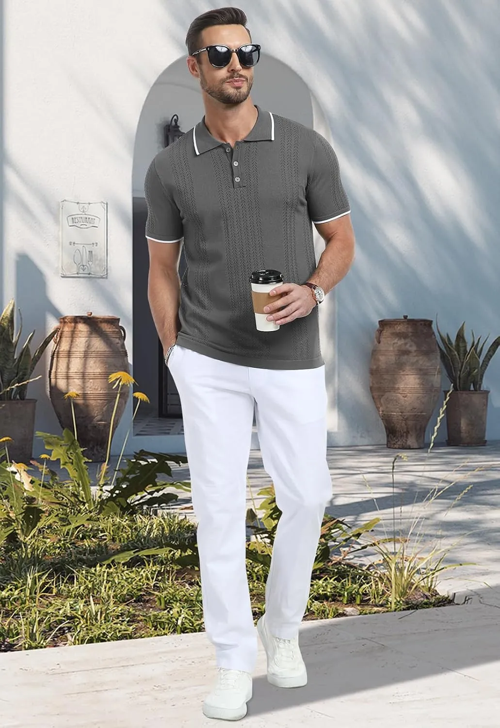 KUYIGO Men's Knit Polo Shirts Short Sleeve Button Collared Shirt Hollow Out Fashion Casual Spring Tops
