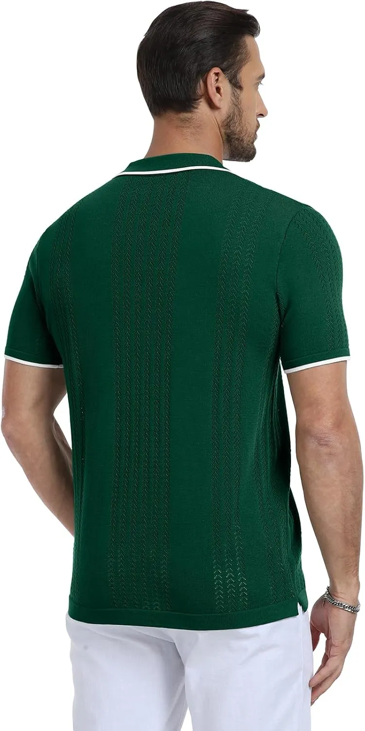 KUYIGO Men's Knit Polo Shirts Short Sleeve Button Collared Shirt Hollow Out Fashion Casual Spring Tops