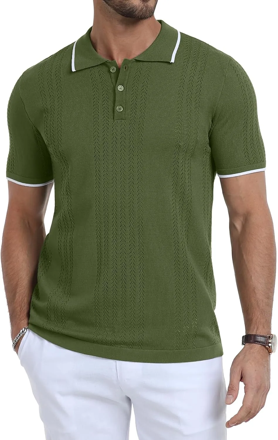 KUYIGO Men's Knit Polo Shirts Short Sleeve Button Collared Shirt Hollow Out Fashion Casual Spring Tops