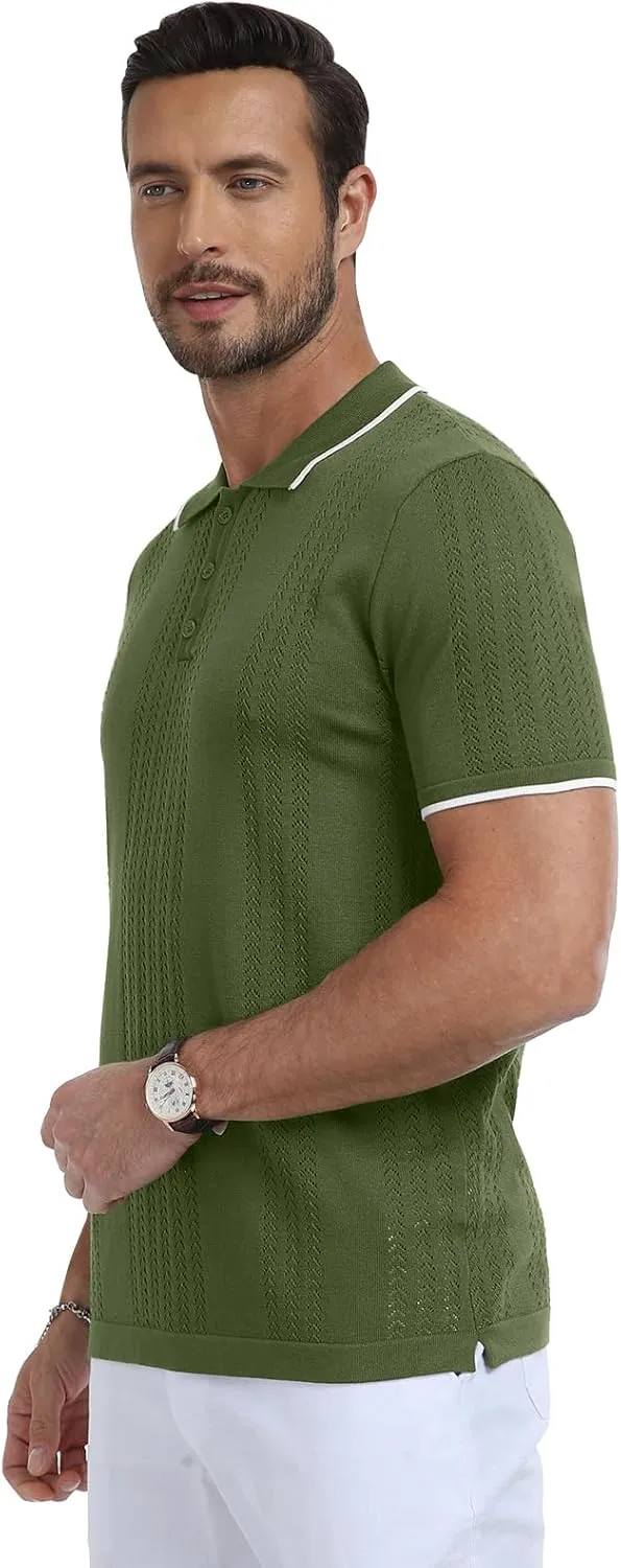 KUYIGO Men's Knit Polo Shirts Short Sleeve Button Collared Shirt Hollow Out Fashion Casual Spring Tops