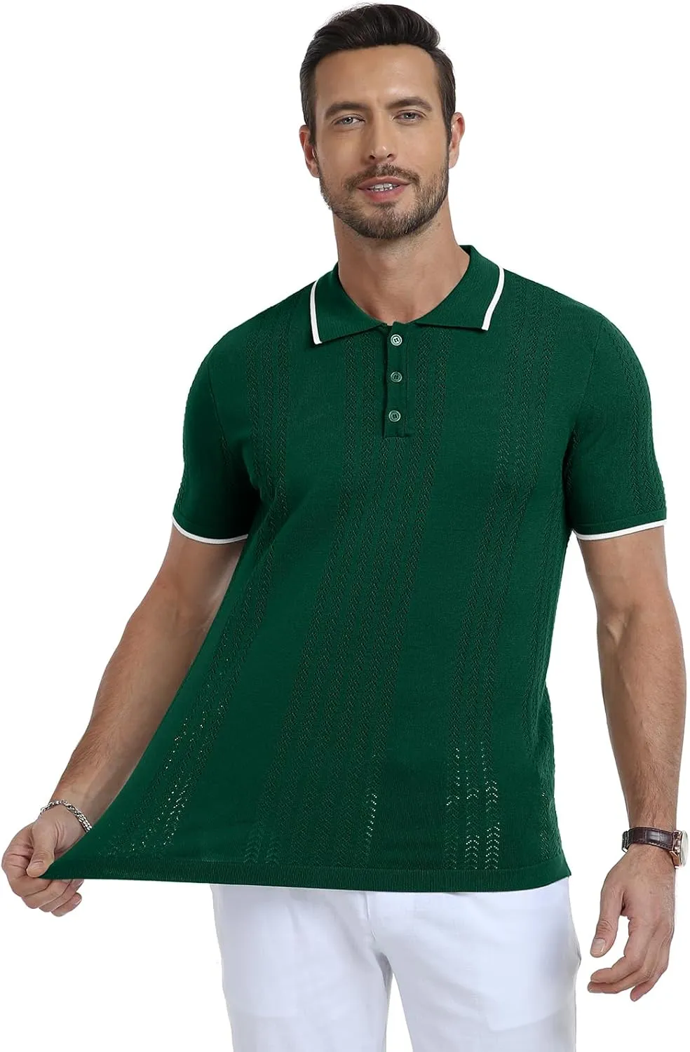 KUYIGO Men's Knit Polo Shirts Short Sleeve Button Collared Shirt Hollow Out Fashion Casual Spring Tops