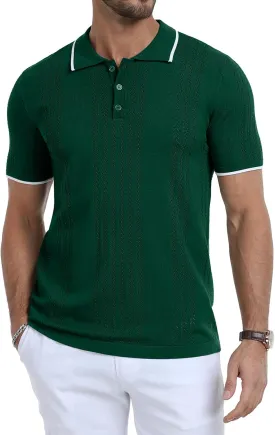 KUYIGO Men's Knit Polo Shirts Short Sleeve Button Collared Shirt Hollow Out Fashion Casual Spring Tops
