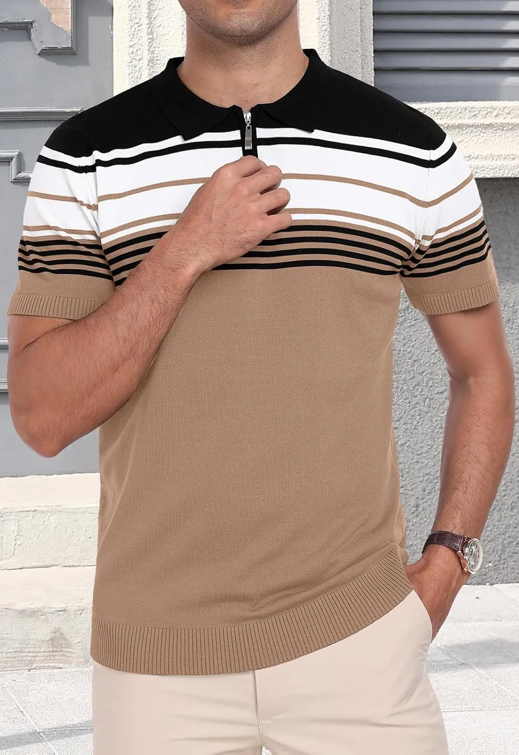KUYIGO Men's Knit Zipper Collared Polo Shirts Short Sleeve Contrast Striped Tops Classic Fit Casual Soft Shirt