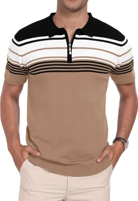 KUYIGO Men's Knit Zipper Collared Polo Shirts Short Sleeve Contrast Striped Tops Classic Fit Casual Soft Shirt
