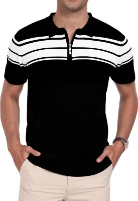KUYIGO Men's Knit Zipper Collared Polo Shirts Short Sleeve Contrast Striped Tops Classic Fit Casual Soft Shirt