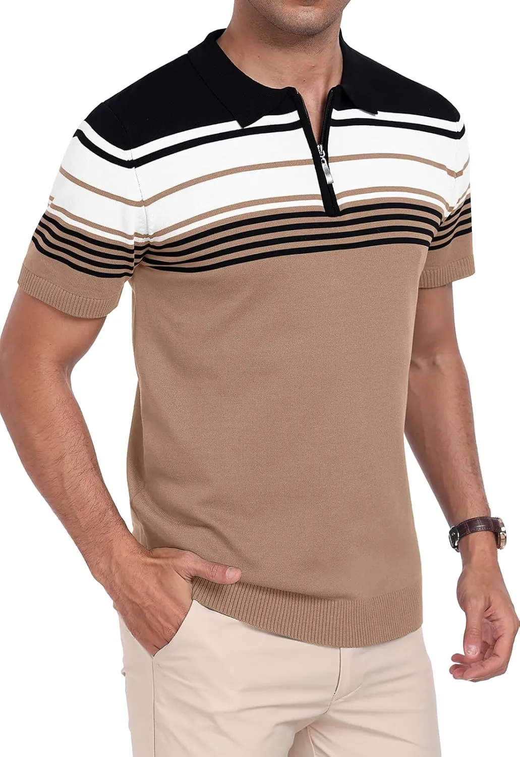 KUYIGO Men's Knit Zipper Collared Polo Shirts Short Sleeve Contrast Striped Tops Classic Fit Casual Soft Shirt