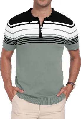 KUYIGO Men's Knit Zipper Collared Polo Shirts Short Sleeve Contrast Striped Tops Classic Fit Casual Soft Shirt