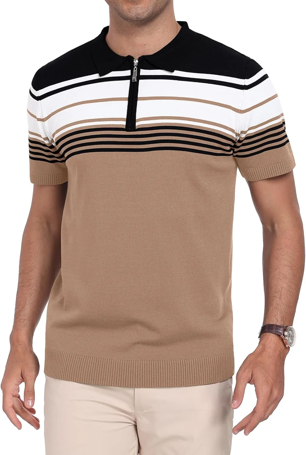 KUYIGO Men's Knit Zipper Collared Polo Shirts Short Sleeve Contrast Striped Tops Classic Fit Casual Soft Shirt