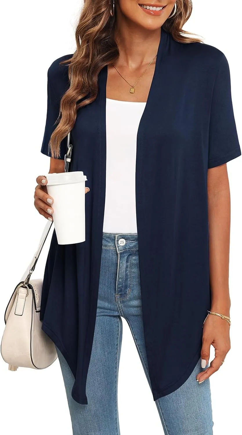 Lightweight Summer 3/4 Sleeve Cardigan for Women Trendy Casual Draped Tie Front Cardigans Fall Shrugs High Low Hem