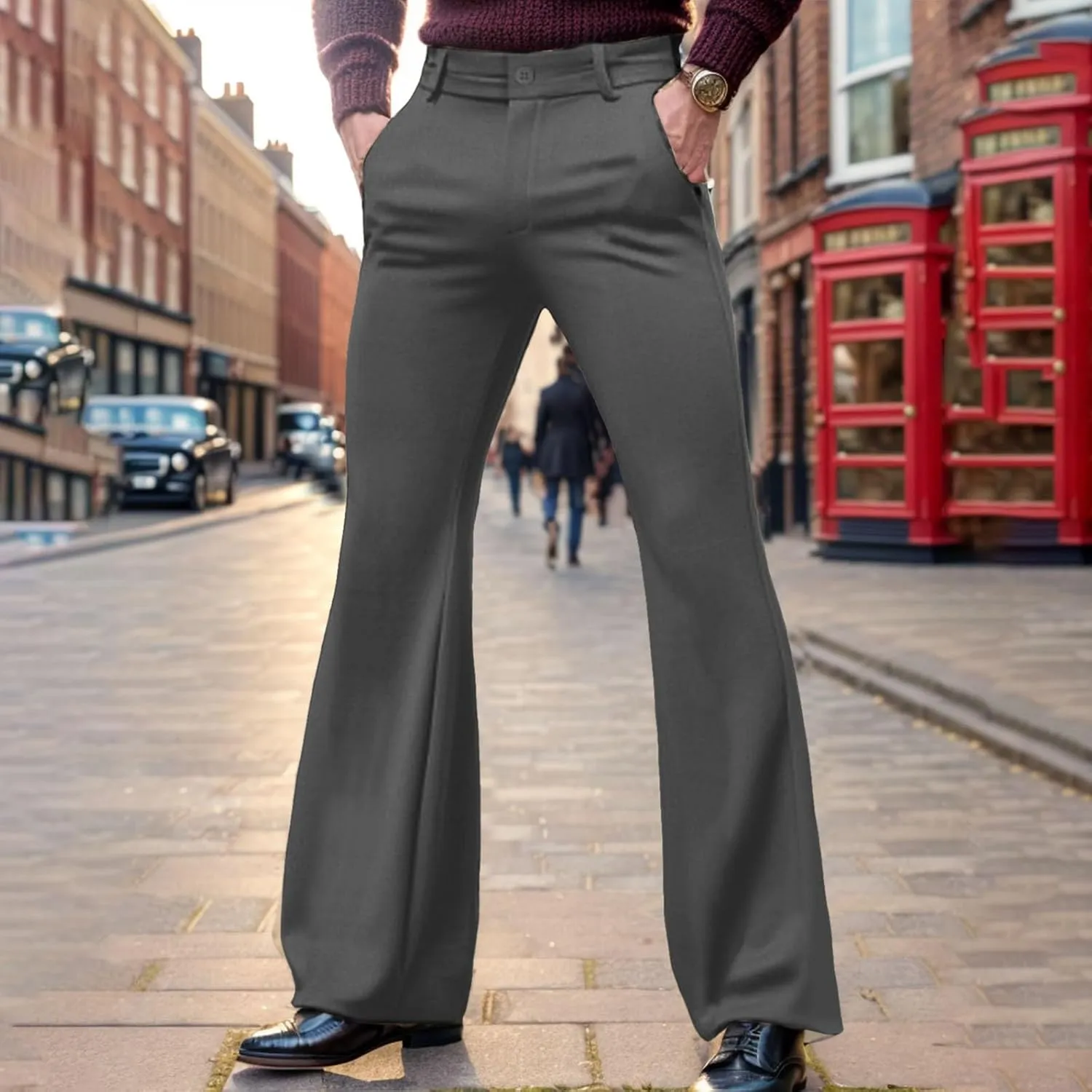 Men's Bell Bottom Pants Relaxed Fit Stretch Vintage Flared Trousers 70s Disco Outfits Baggy Casual Pants with Pockets