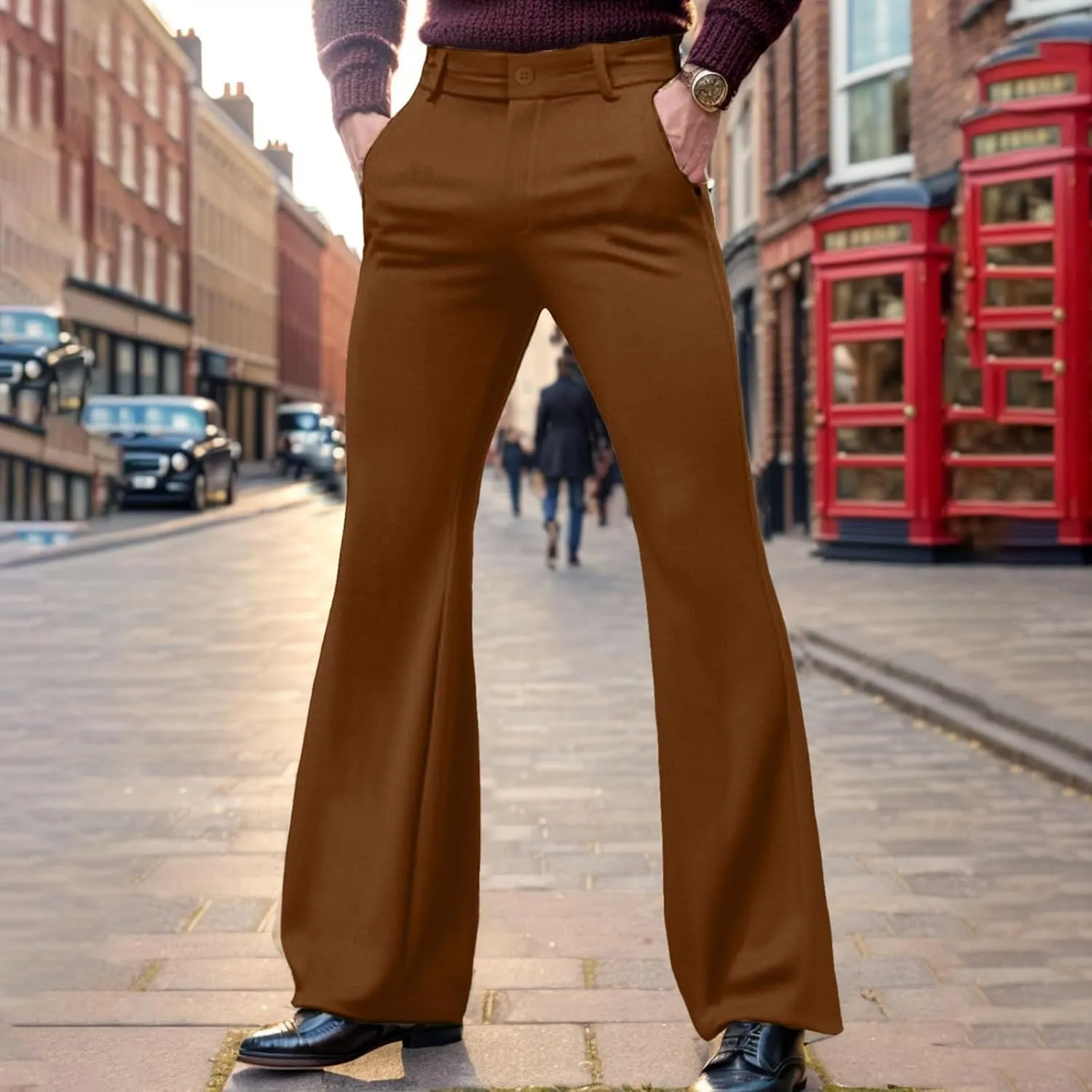Men's Bell Bottom Pants Relaxed Fit Stretch Vintage Flared Trousers 70s Disco Outfits Baggy Casual Pants with Pockets