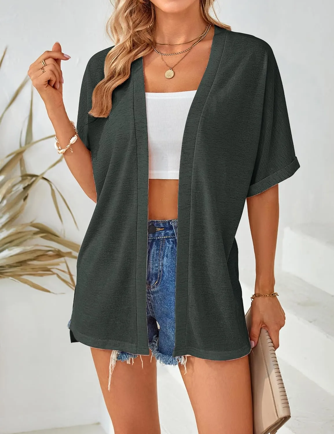 MEROKEETY Womens 2025 Summer Lightweight Cardigan Short Sleeve Open Front Casual Loose Cover Ups