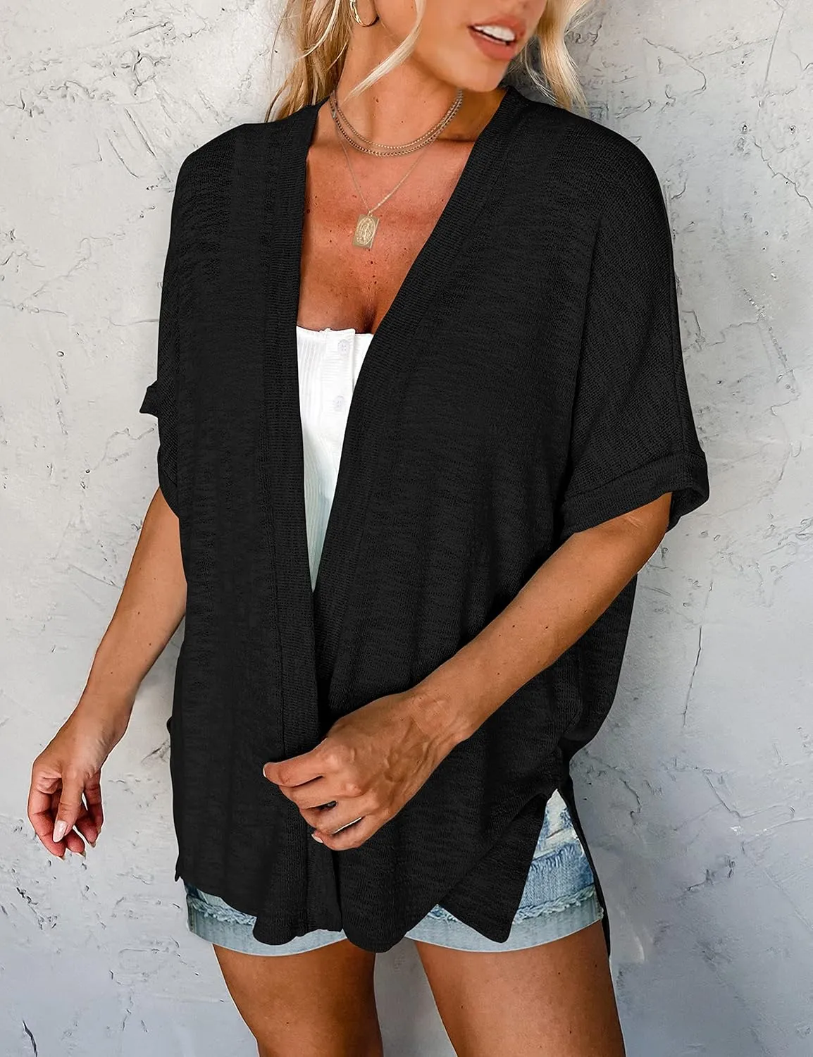 MEROKEETY Womens 2025 Summer Lightweight Cardigan Short Sleeve Open Front Casual Loose Cover Ups