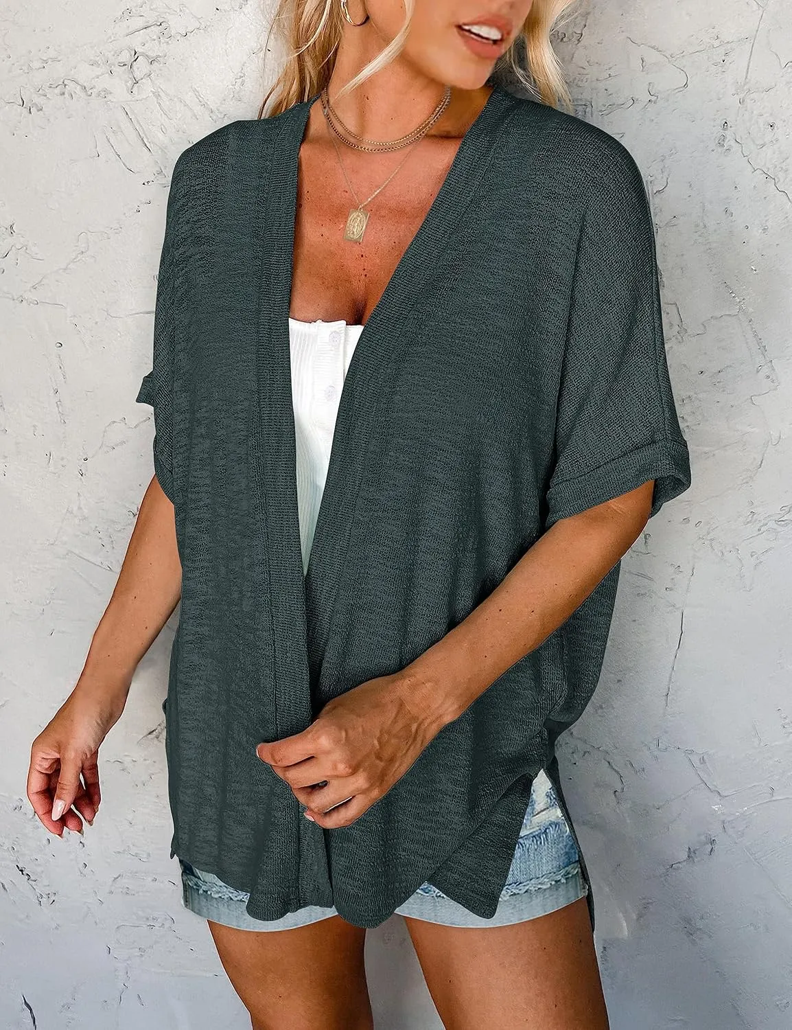 MEROKEETY Womens 2025 Summer Lightweight Cardigan Short Sleeve Open Front Casual Loose Cover Ups