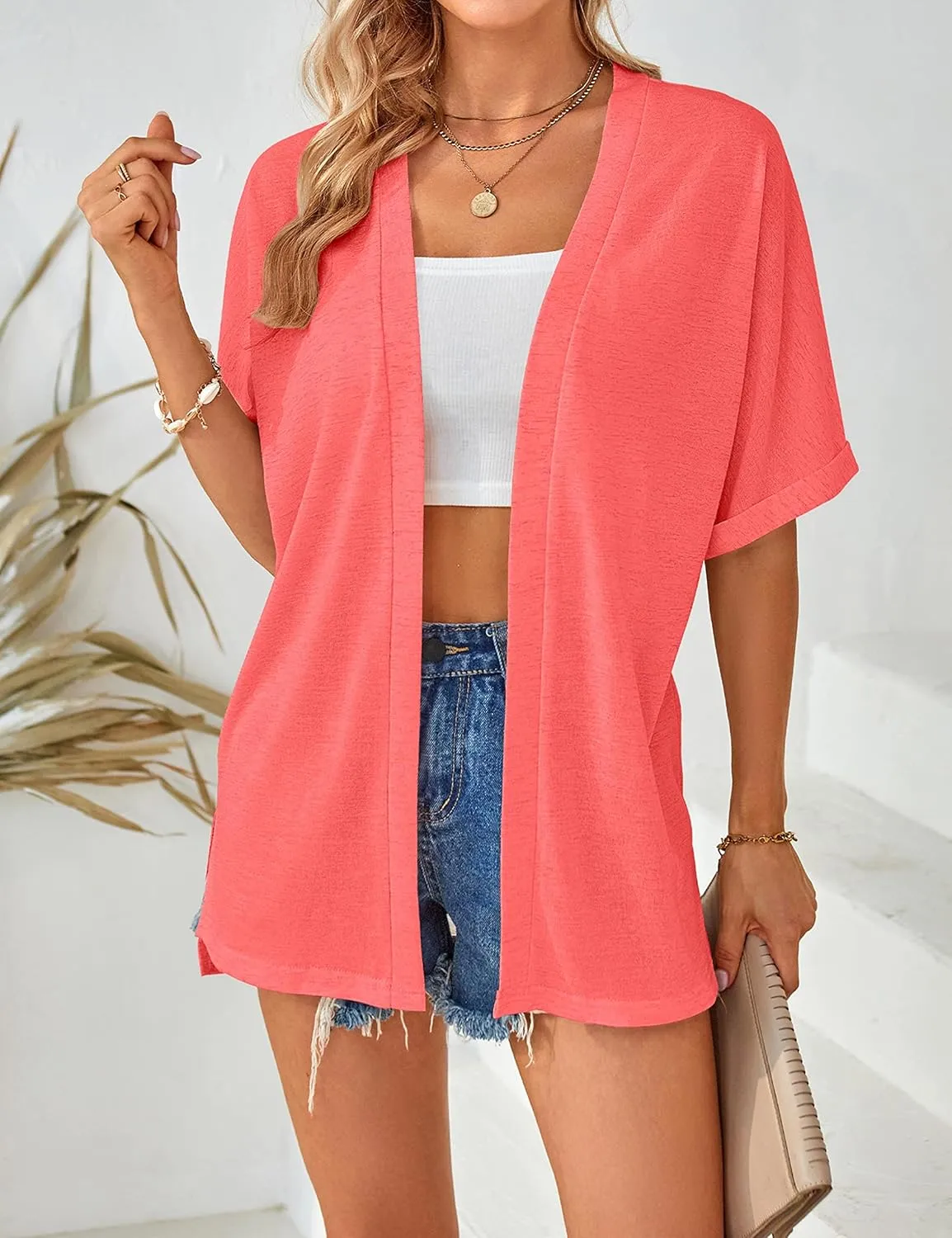 MEROKEETY Womens 2025 Summer Lightweight Cardigan Short Sleeve Open Front Casual Loose Cover Ups