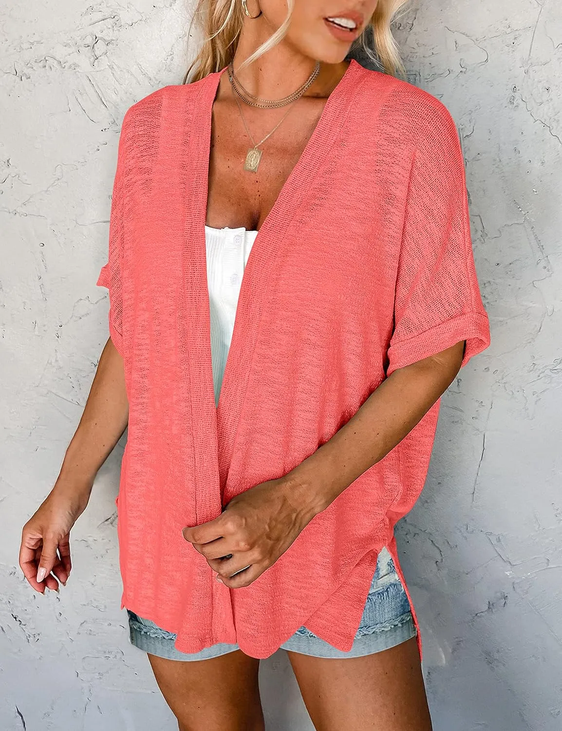 MEROKEETY Womens 2025 Summer Lightweight Cardigan Short Sleeve Open Front Casual Loose Cover Ups