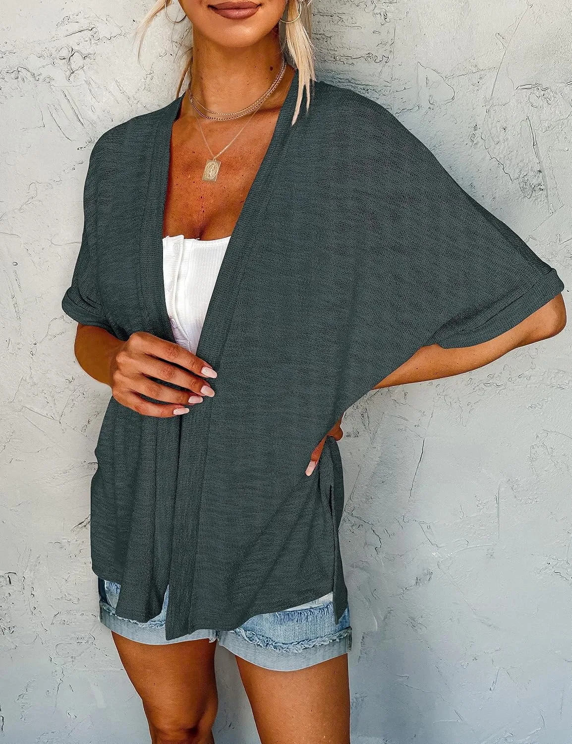 MEROKEETY Womens 2025 Summer Lightweight Cardigan Short Sleeve Open Front Casual Loose Cover Ups