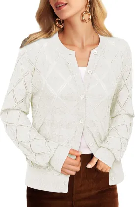 Messic Women's Lightweight Cardigan Shrugs Hollowed-Out Button Down Crochet Knit Sweater Tops