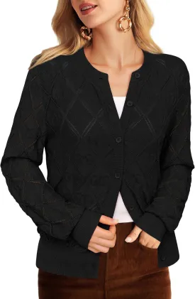 Messic Women's Lightweight Cardigan Shrugs Hollowed-Out Button Down Crochet Knit Sweater Tops