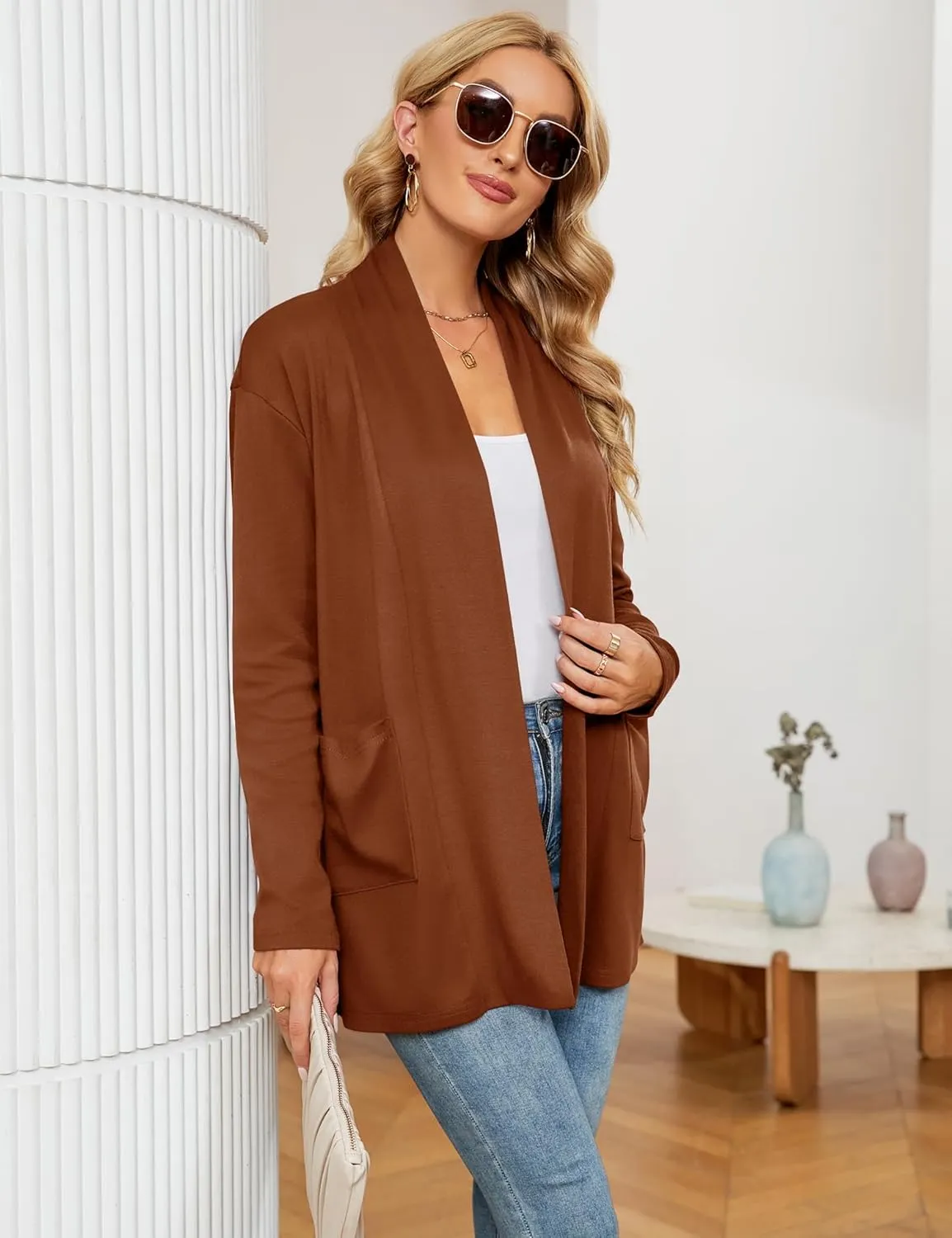 Micoson Women's Long Sleeve Open Front Cardigan Casual Loose Lightweight Cardigans with Pockets