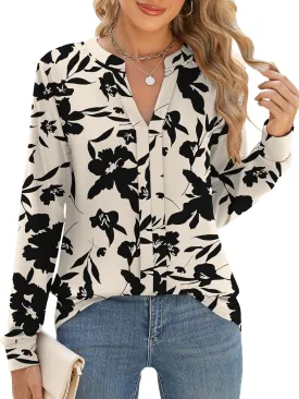 Micoson Womens Tops Dressy Casual Long Sleeve Business Shirts V Neck Pleated Work Blouses Loose Fit Fall Trendy Knit Top
