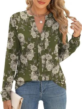 Micoson Womens Tops Dressy Casual Long Sleeve Business Shirts V Neck Pleated Work Blouses Loose Fit Fall Trendy Knit Top