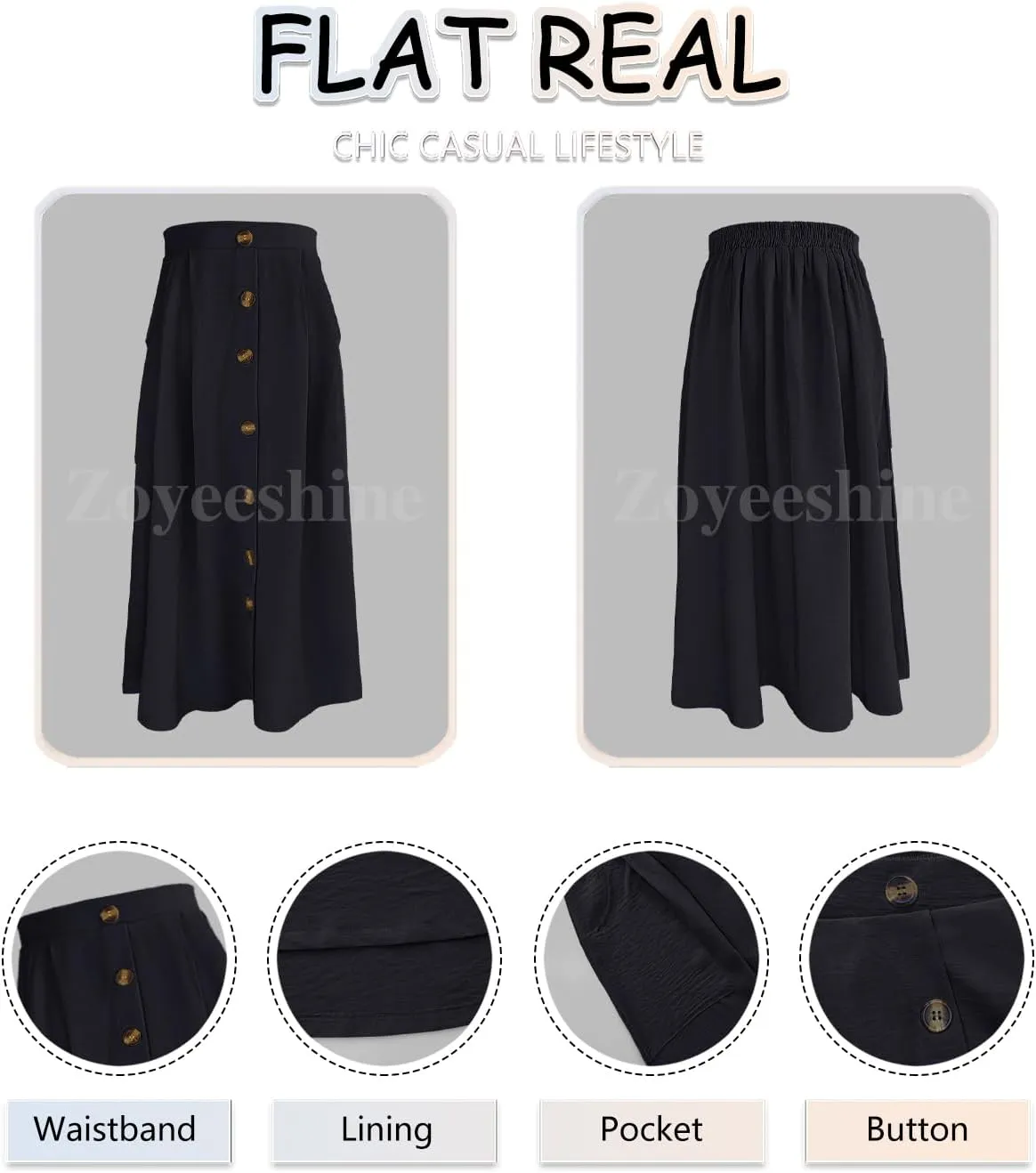 Midi Skirts for Womens High Elastic Waist Pleated A Line Midi Skirt Casual Button Front Flared Skirts with Pockets