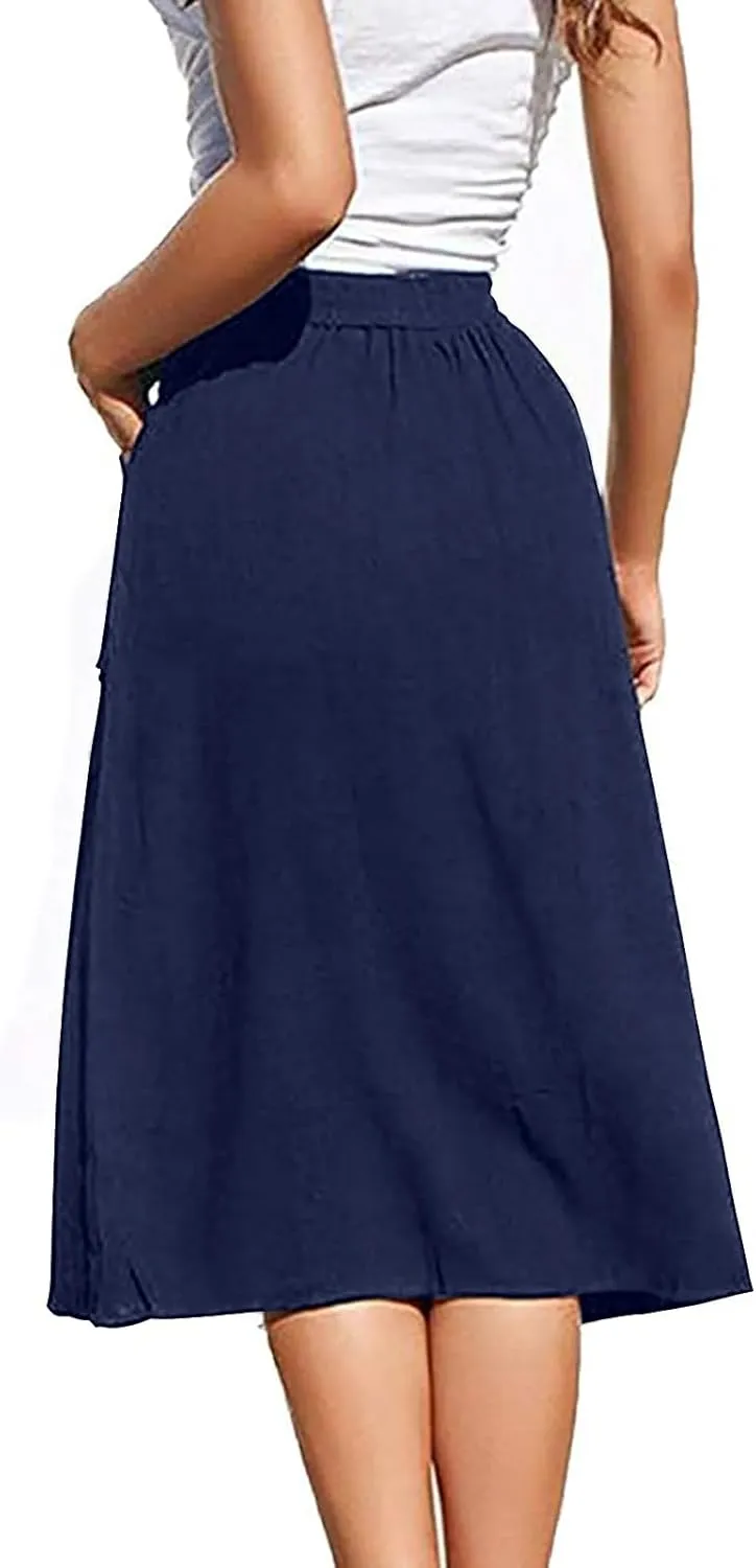 Midi Skirts for Womens High Elastic Waist Pleated A Line Midi Skirt Casual Button Front Flared Skirts with Pockets