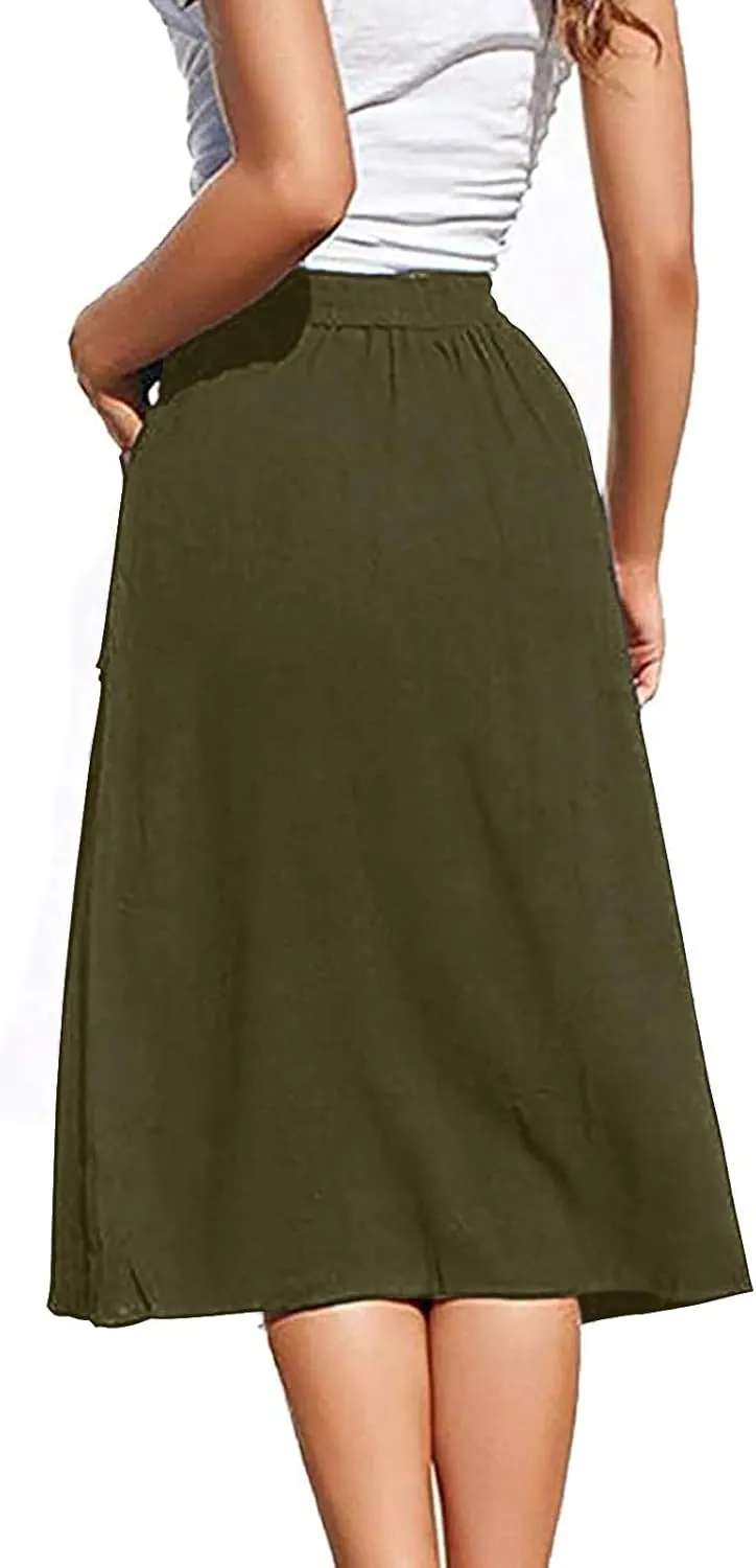 Midi Skirts for Womens High Elastic Waist Pleated A Line Midi Skirt Casual Button Front Flared Skirts with Pockets