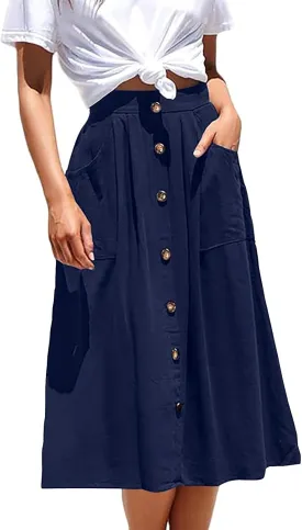 Midi Skirts for Womens High Elastic Waist Pleated A Line Midi Skirt Casual Button Front Flared Skirts with Pockets