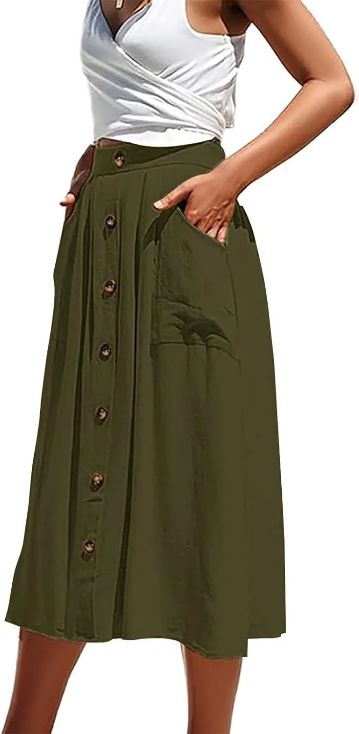 Midi Skirts for Womens High Elastic Waist Pleated A Line Midi Skirt Casual Button Front Flared Skirts with Pockets