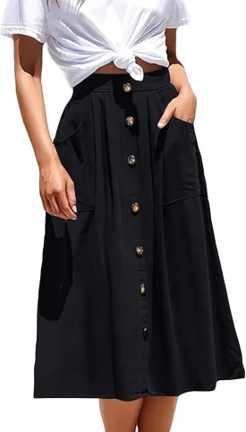 Midi Skirts for Womens High Elastic Waist Pleated A Line Midi Skirt Casual Button Front Flared Skirts with Pockets