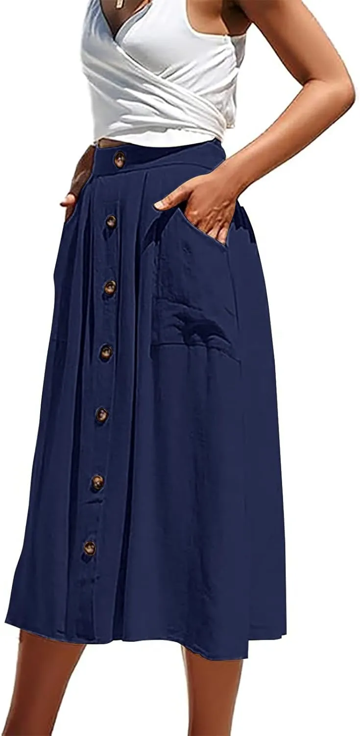Midi Skirts for Womens High Elastic Waist Pleated A Line Midi Skirt Casual Button Front Flared Skirts with Pockets