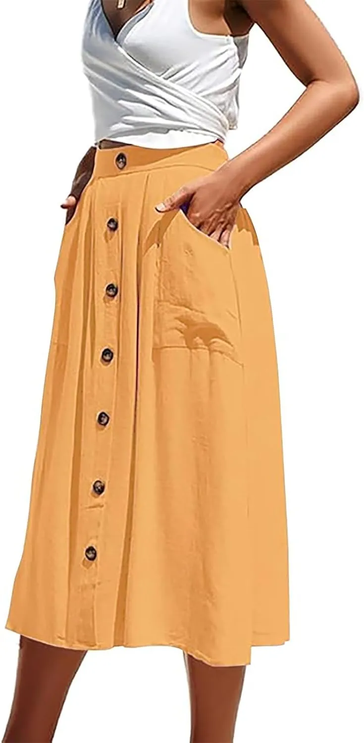 Midi Skirts for Womens High Elastic Waist Pleated A Line Midi Skirt Casual Button Front Flared Skirts with Pockets