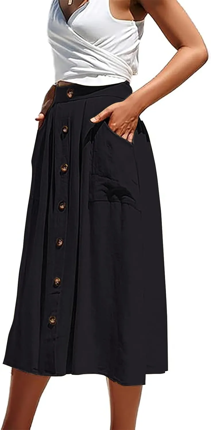 Midi Skirts for Womens High Elastic Waist Pleated A Line Midi Skirt Casual Button Front Flared Skirts with Pockets
