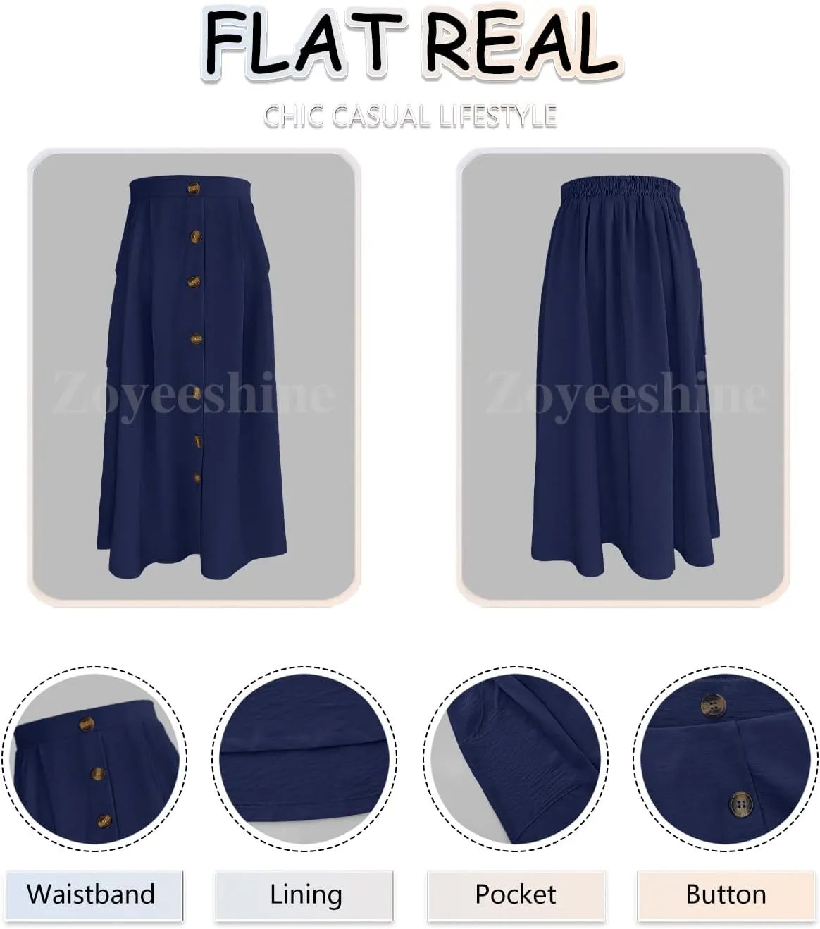 Midi Skirts for Womens High Elastic Waist Pleated A Line Midi Skirt Casual Button Front Flared Skirts with Pockets