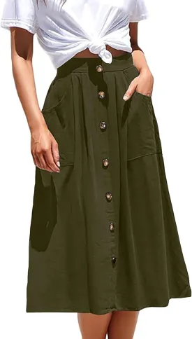 Midi Skirts for Womens High Elastic Waist Pleated A Line Midi Skirt Casual Button Front Flared Skirts with Pockets
