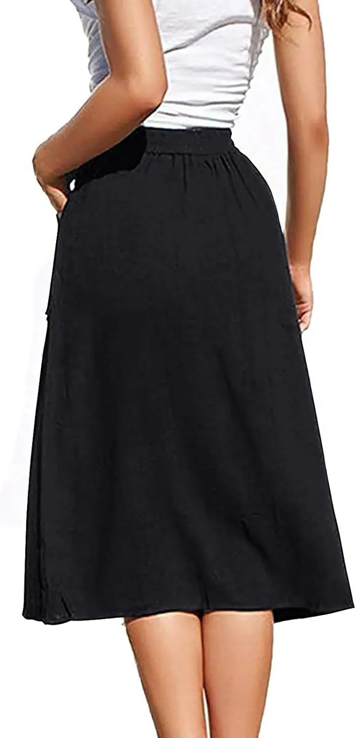 Midi Skirts for Womens High Elastic Waist Pleated A Line Midi Skirt Casual Button Front Flared Skirts with Pockets