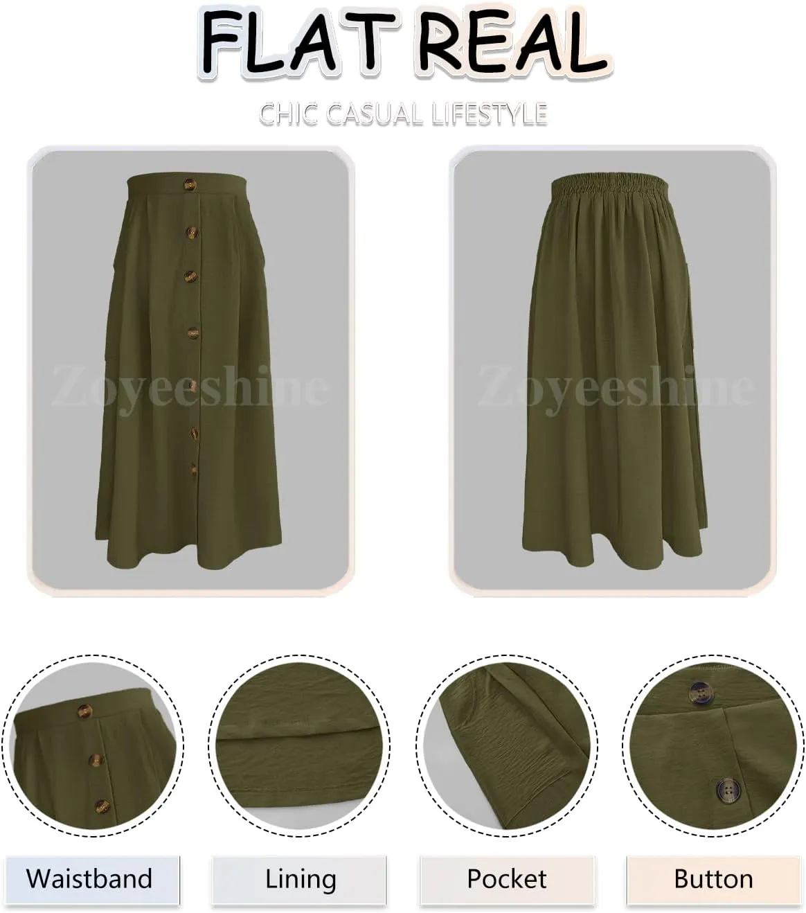 Midi Skirts for Womens High Elastic Waist Pleated A Line Midi Skirt Casual Button Front Flared Skirts with Pockets