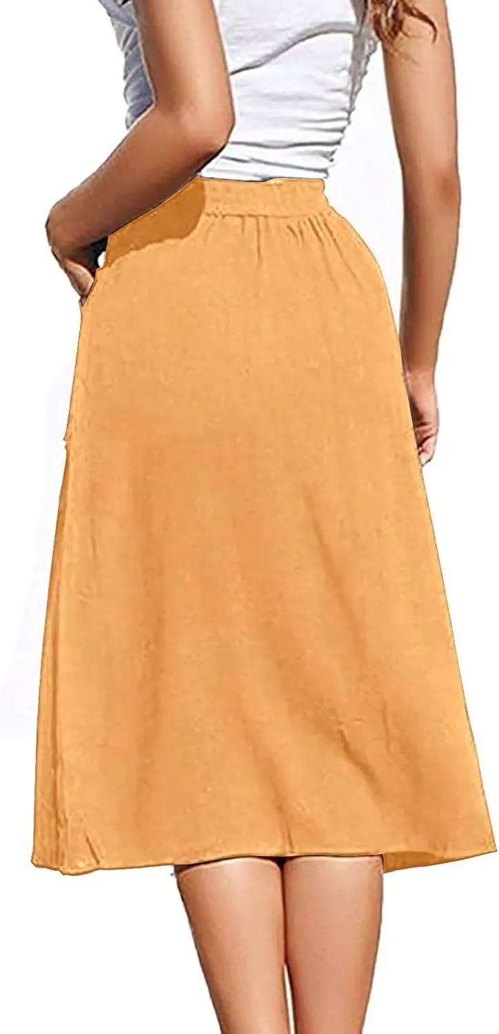 Midi Skirts for Womens High Elastic Waist Pleated A Line Midi Skirt Casual Button Front Flared Skirts with Pockets