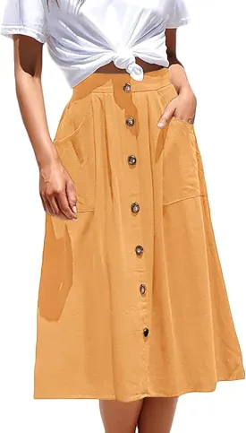 Midi Skirts for Womens High Elastic Waist Pleated A Line Midi Skirt Casual Button Front Flared Skirts with Pockets