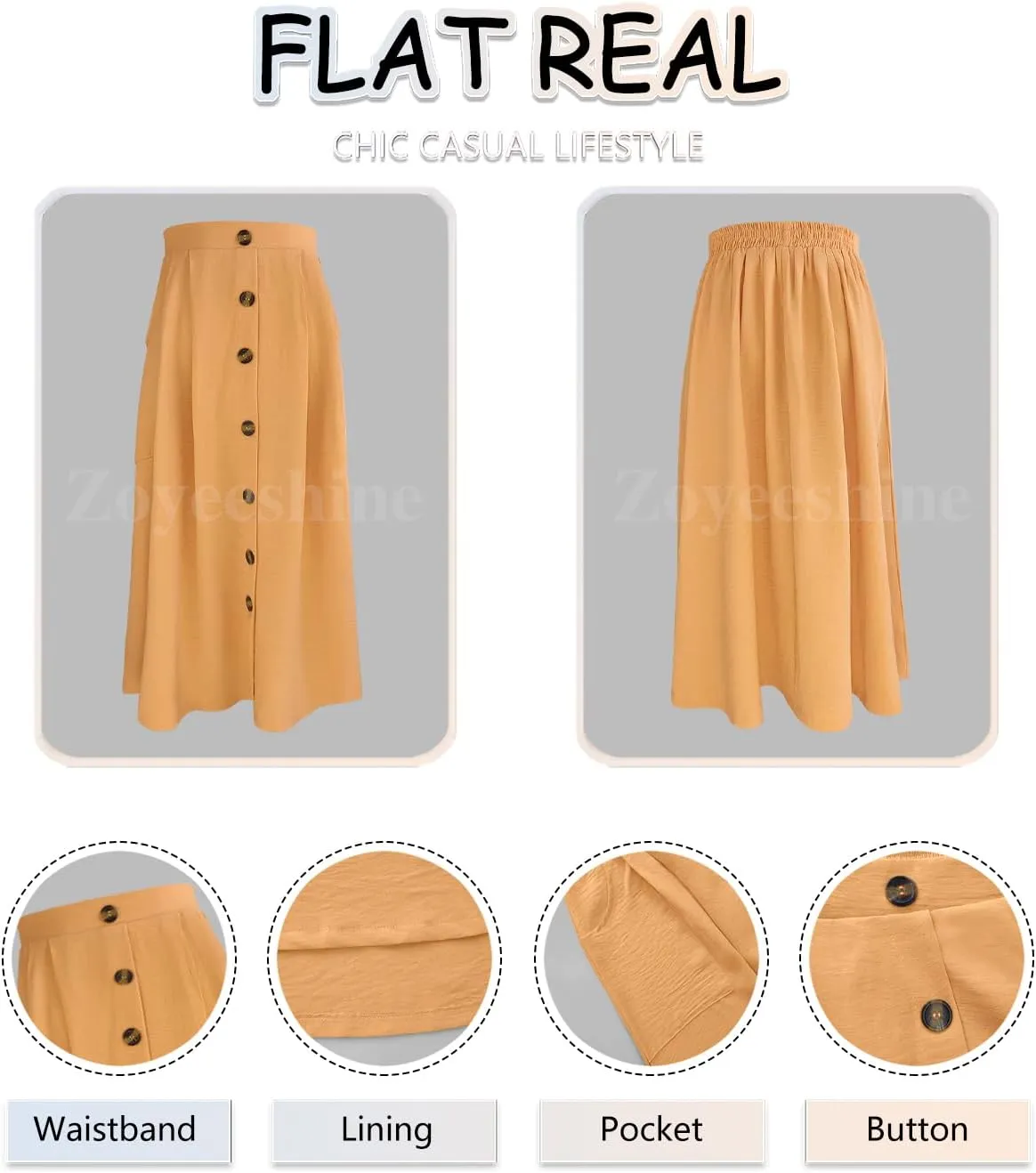 Midi Skirts for Womens High Elastic Waist Pleated A Line Midi Skirt Casual Button Front Flared Skirts with Pockets