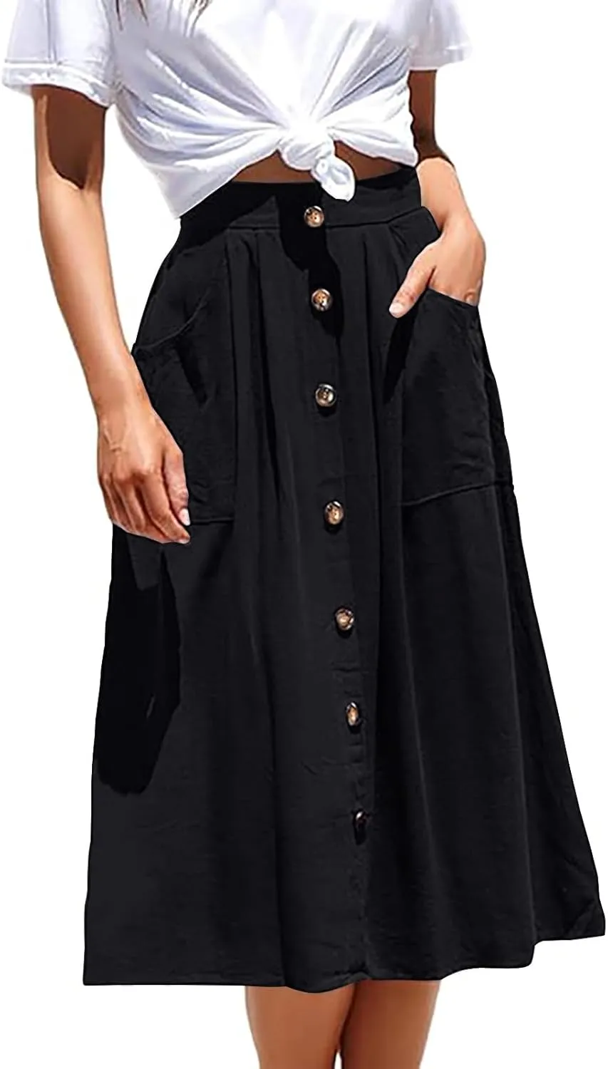 Midi Skirts for Womens High Elastic Waist Pleated A Line Midi Skirt Casual Button Front Flared Skirts with Pockets