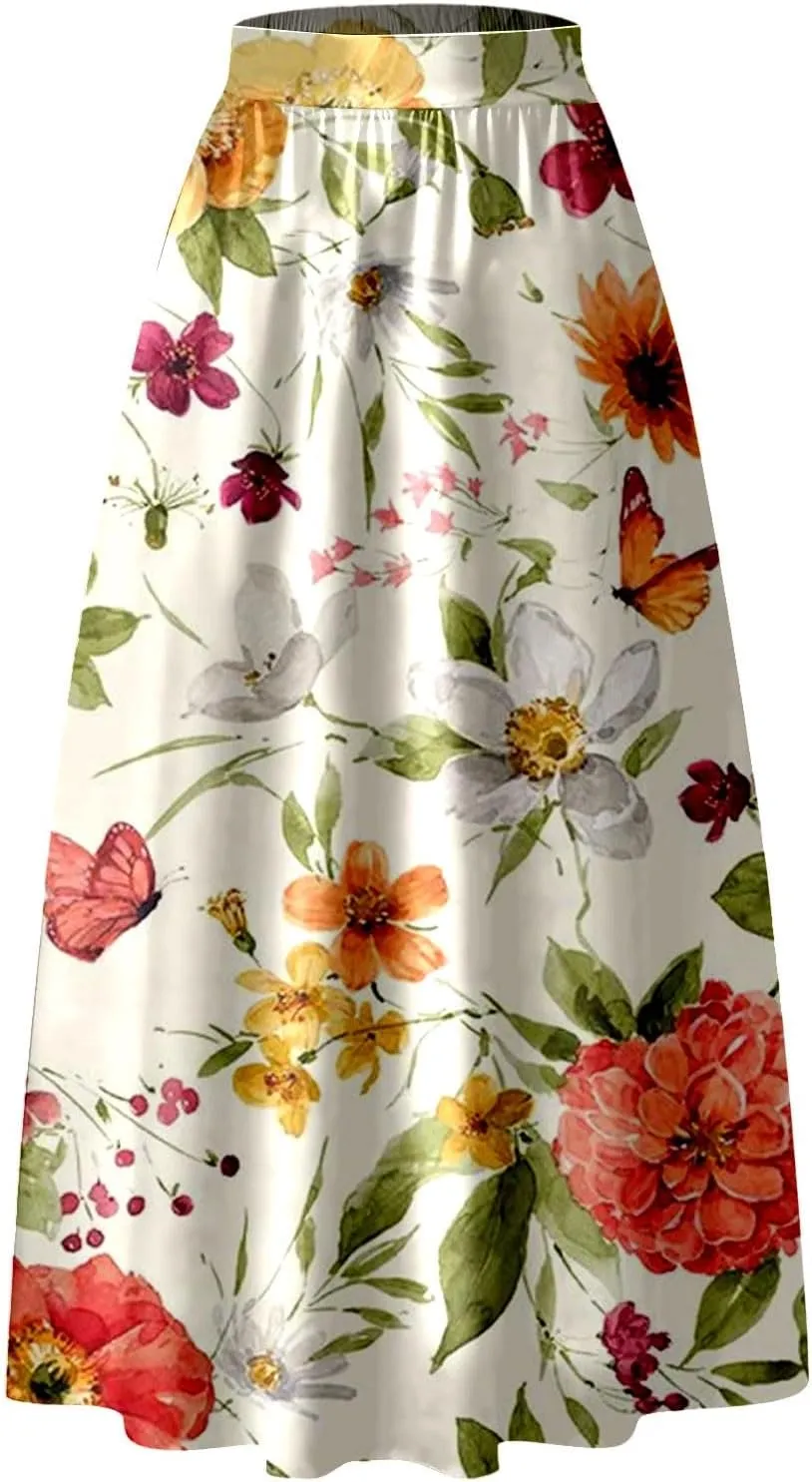Miyaomn Women's Boho Floral Printed Maxi Skirt Summer Beach High Waisted Mopping Floor Length A Line Long Skirts with Pockets