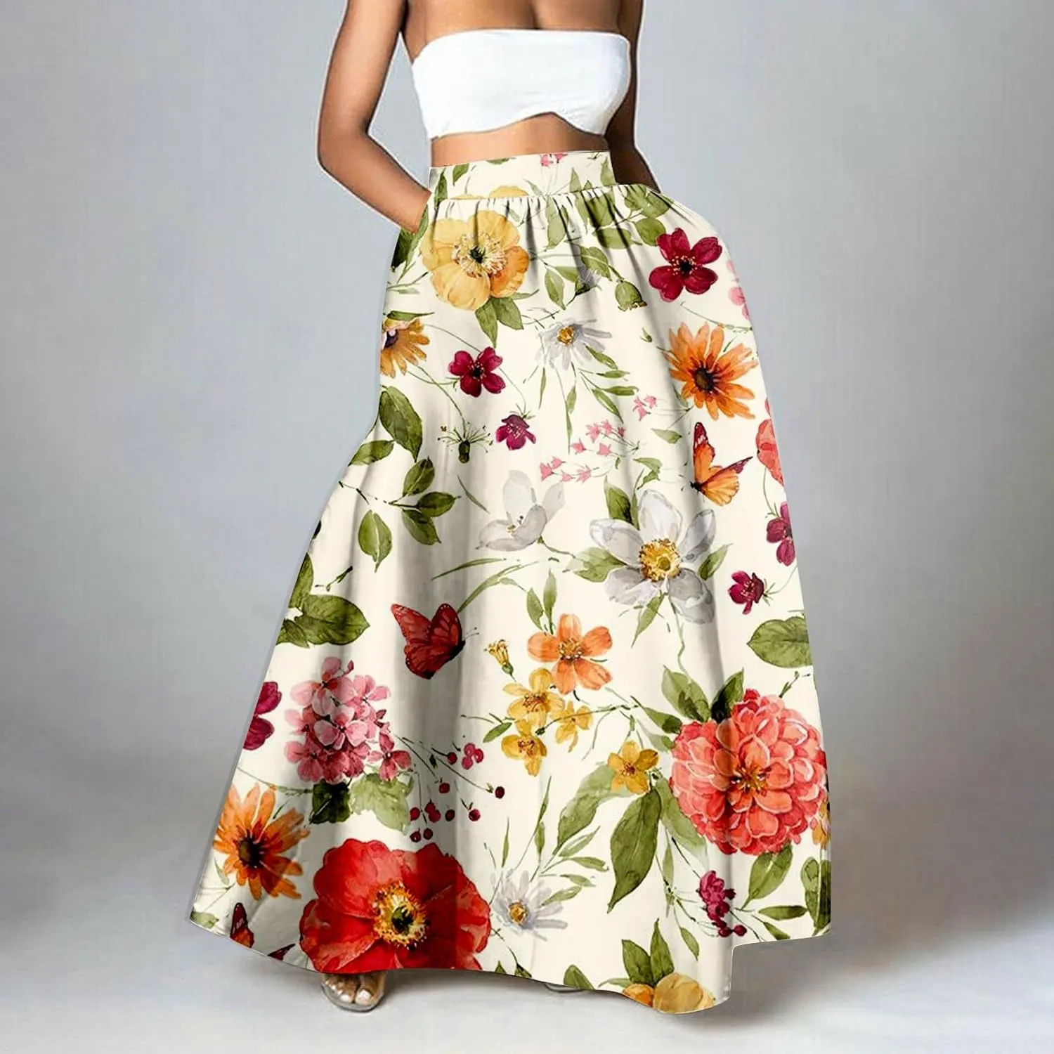 Miyaomn Women's Boho Floral Printed Maxi Skirt Summer Beach High Waisted Mopping Floor Length A Line Long Skirts with Pockets