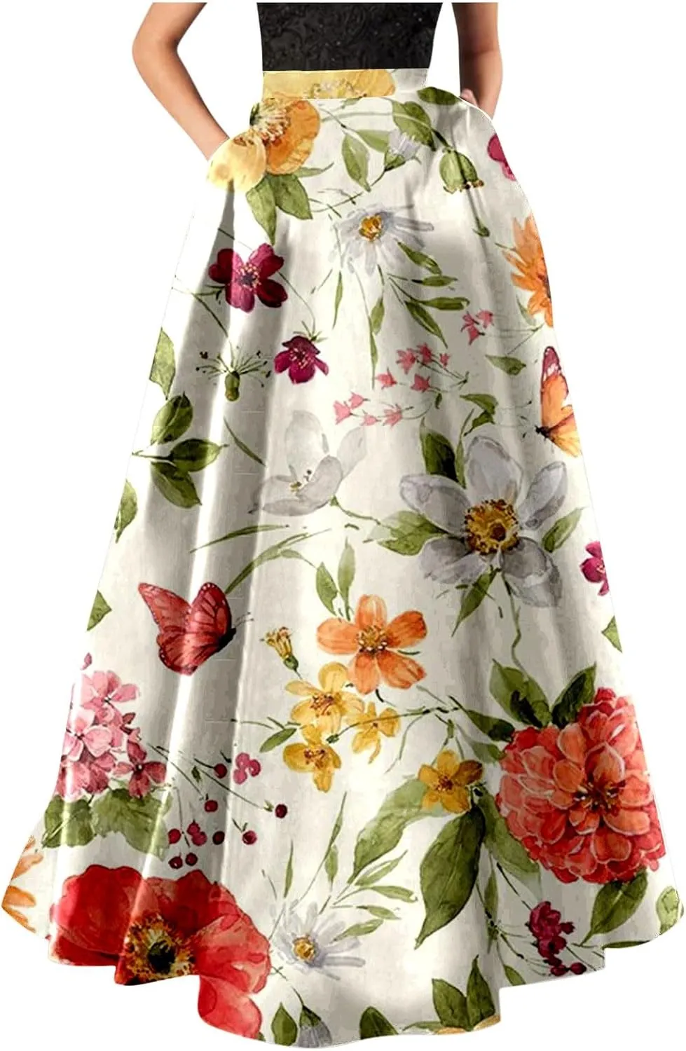 Miyaomn Women's Boho Floral Printed Maxi Skirt Summer Beach High Waisted Mopping Floor Length A Line Long Skirts with Pockets