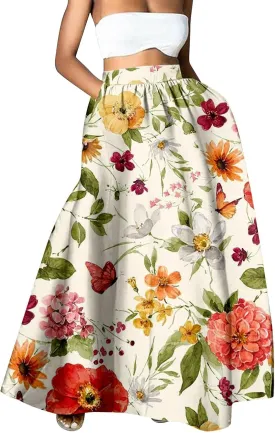 Miyaomn Women's Boho Floral Printed Maxi Skirt Summer Beach High Waisted Mopping Floor Length A Line Long Skirts with Pockets